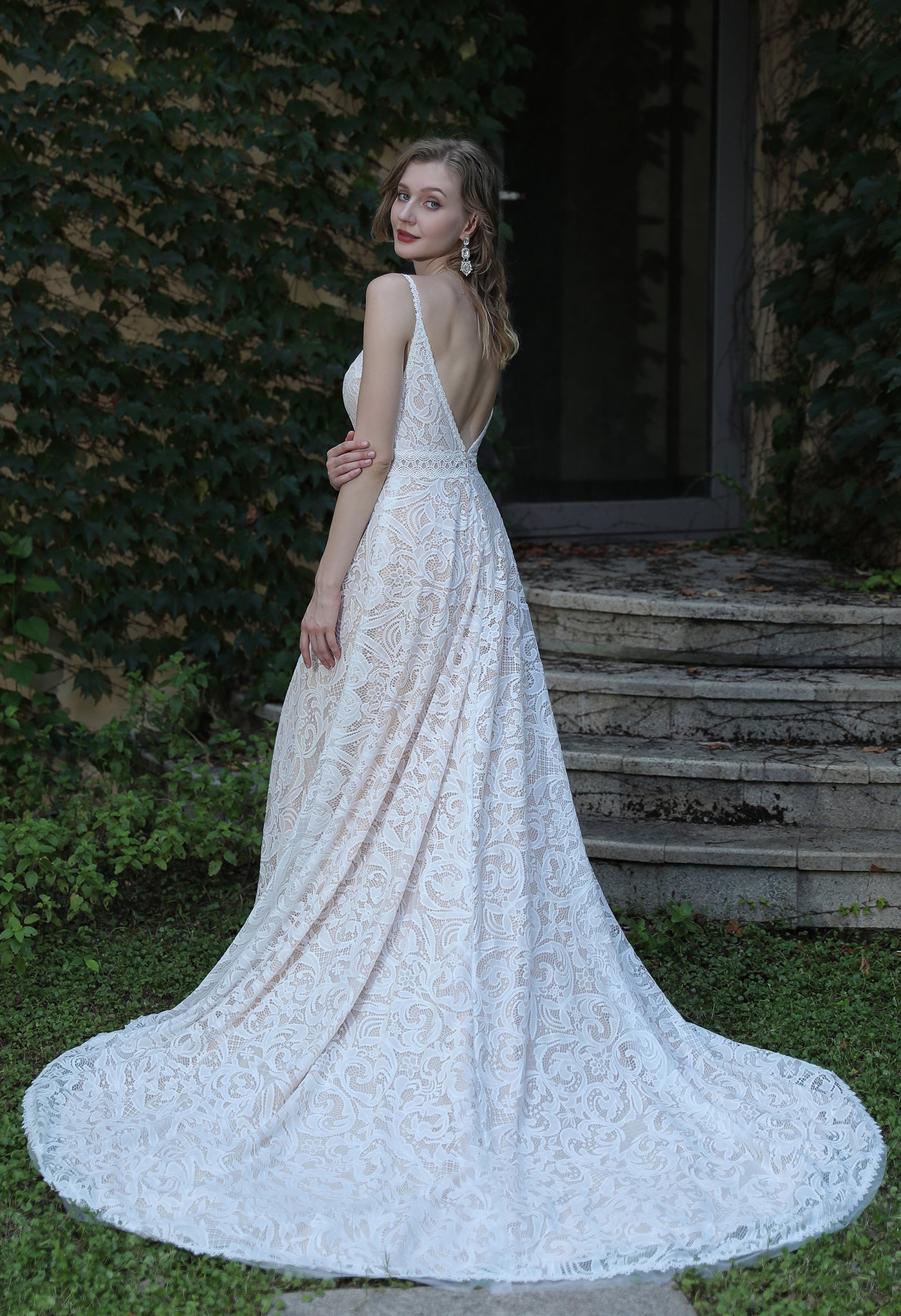 Boho Lace Wedding Dress With Spaghetti Straps and Removable Bell Sleev Bergamot Bridal Boho Lace Wedding Dress With Spaghetti Straps and Removable Bell Sleev Bergamot Bridal