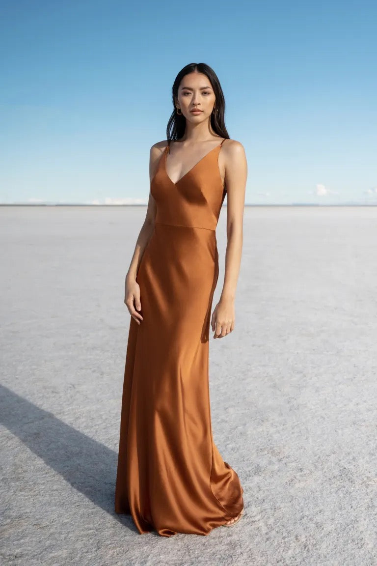 Woman in an elegant brown satin Marla bridesmaid dress by Jenny Yoo with a V-neck, standing on a salt flat.