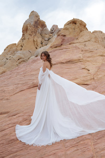 A woman in an iridescent chiffon Noa - Jenny Yoo Wedding Dress gown with dramatic sleeves stands against a rocky desert backdrop from Bergamot Bridal.