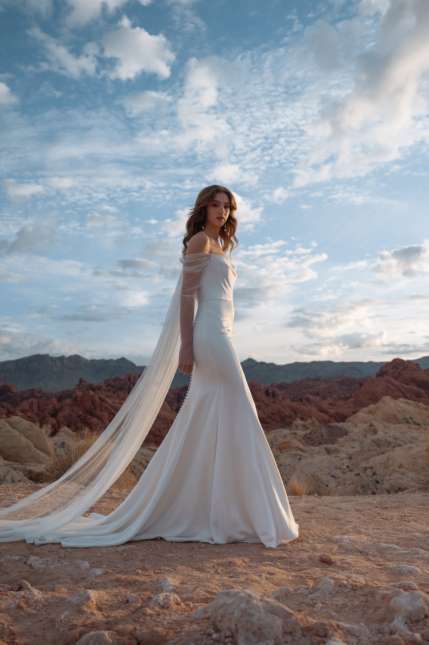 A woman in an elegant Jenny Yoo Wedding Dress gown featuring an off the shoulder sleeve and made of luxe satin fabric, with a long train, stands amidst rocky terrain under a cloudy sky.
