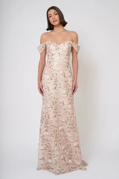 Woman in an off-shoulder Jenny Yoo Bridesmaid Dress with Ophelia embroidery from Bergamot Bridal.