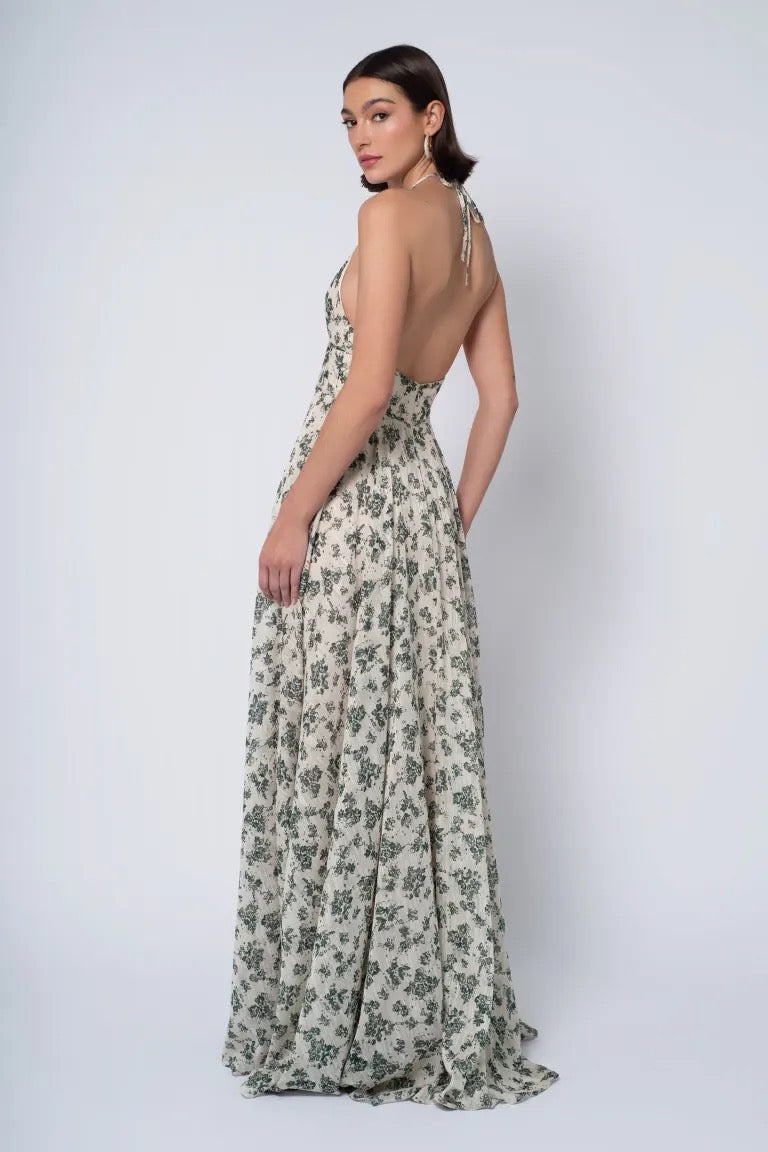 A woman models a backless Robin - Jenny Yoo Bridesmaid Dress gown with wildflowers print against a white background from Bergamot Bridal.