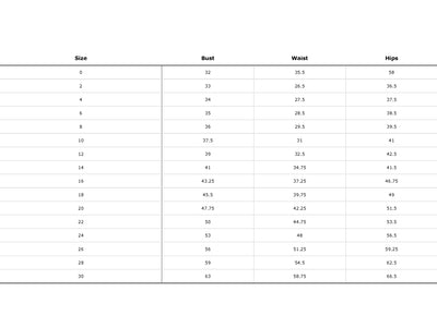 Table displaying Wilfreda - Chiffon Bridesmaid Dress - Off The Rack sizes ranging from 2 to 30, along with corresponding bust, waist, and hips measurements in inches by Bergamot Bridal.