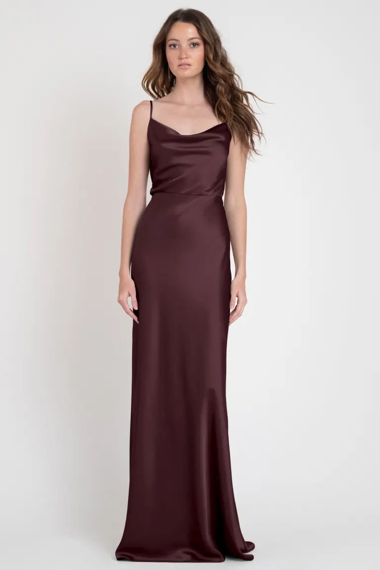 Woman modeling a Sylvie - Bridesmaid Dress by Jenny Yoo in an Old Hollywood style from Bergamot Bridal.