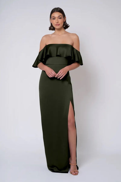 Woman in Winter - Jenny Yoo Bridesmaid Dress from Bergamot Bridal, an elegant strapless neckline green gown with a thigh-high slit.