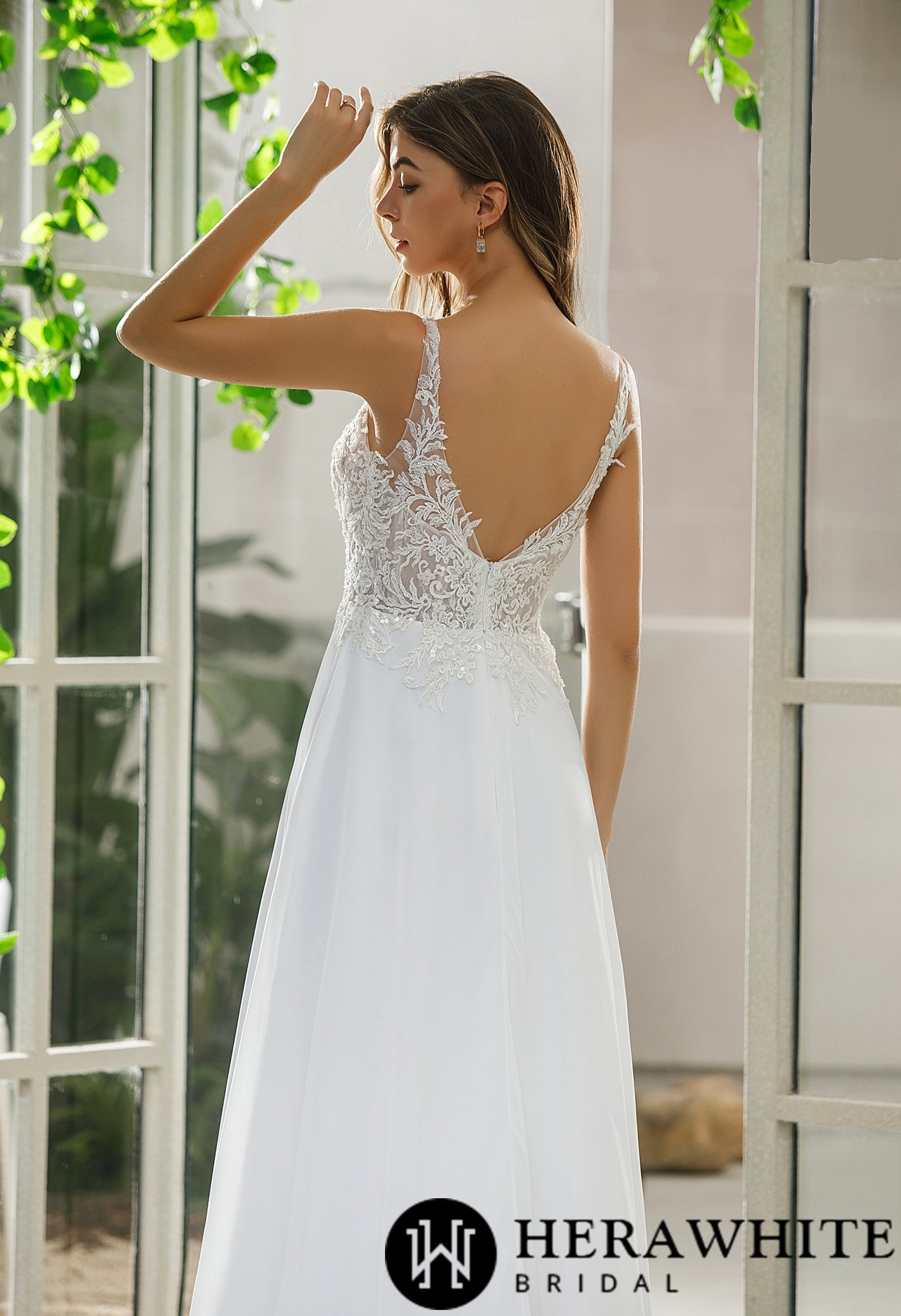 Illusion Bodice Chiffon Skirt A-Line Bridal Gown Off The Rack