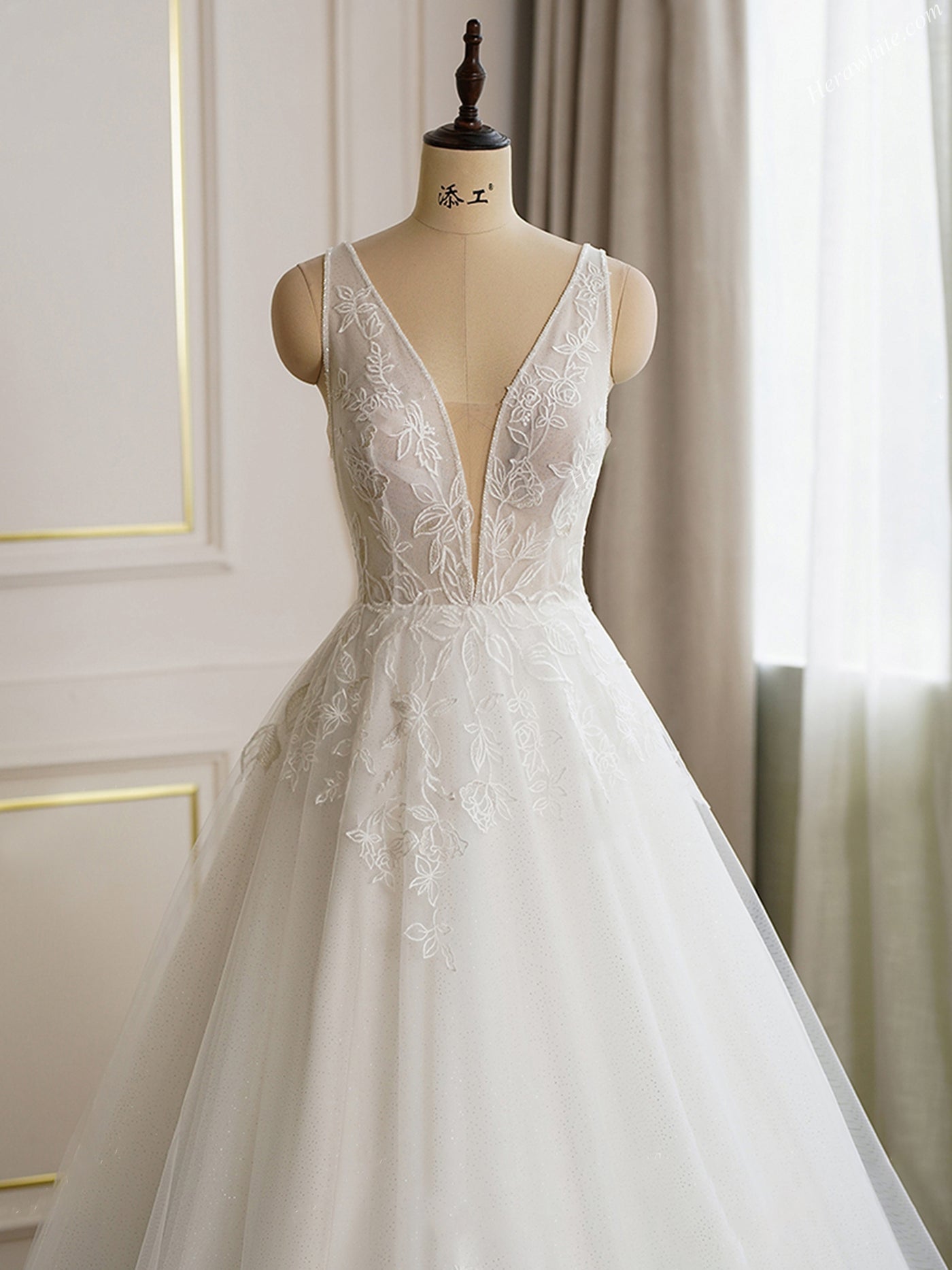 Plunging V Neckline Lace Ball Gown Bridal Dress