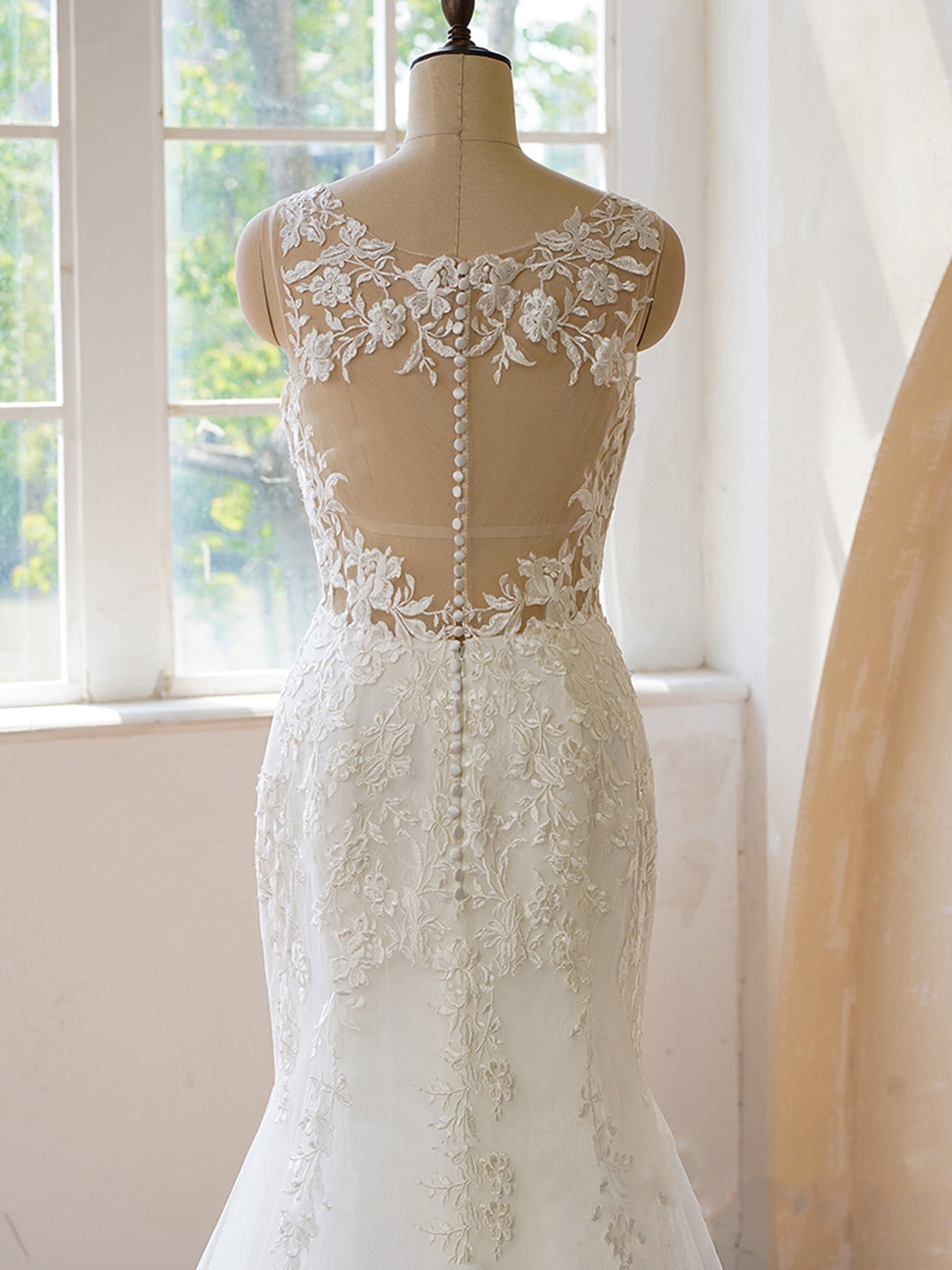 fit and flare illusion back wedding dress Iryna: Stretch Crepe Fit and Flare Wedding Dress with Beaded Illusion Back