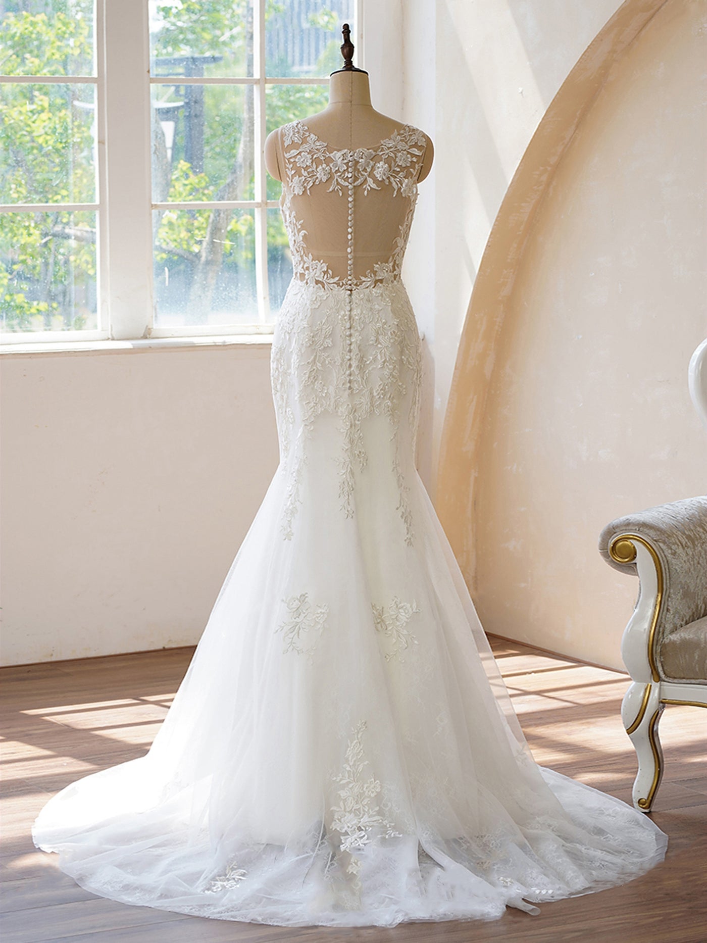 Illusion Back Fit and Flare With Applique Wedding Dress