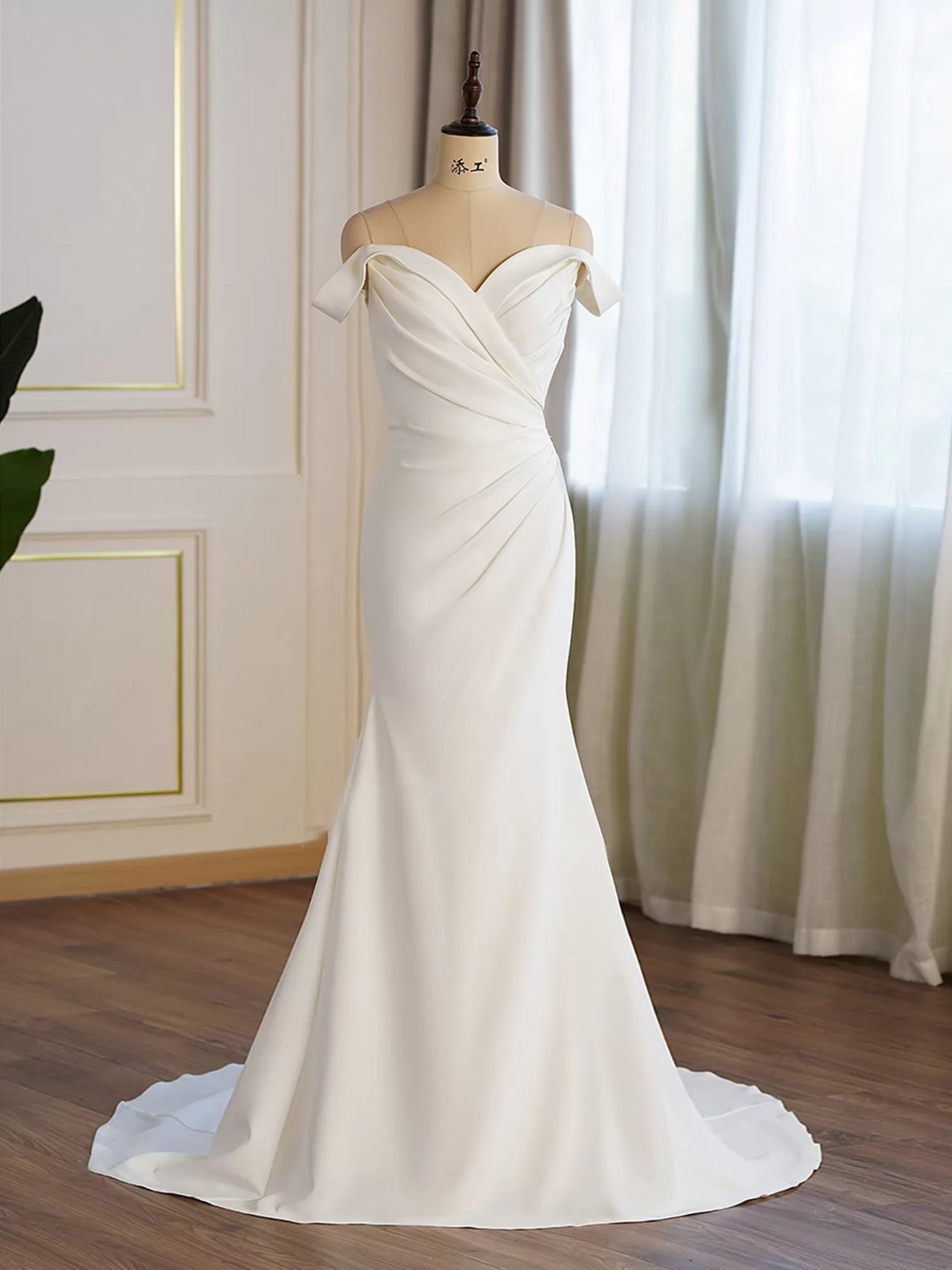 Crepe Off-the-shoulder Pleated Fit And Flare Bridal Gown