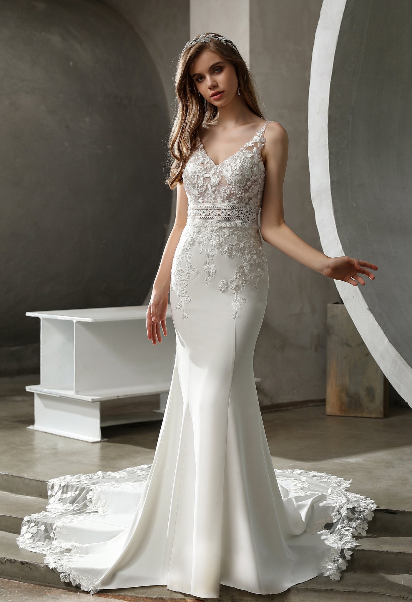 Crepe and Lace Fit and Flare Dress with Illusion Scalloped Train (Size Bergamot Bridal Crepe and Lace Fit and Flare Dress with Illusion Scalloped Train (Size Bergamot Bridal