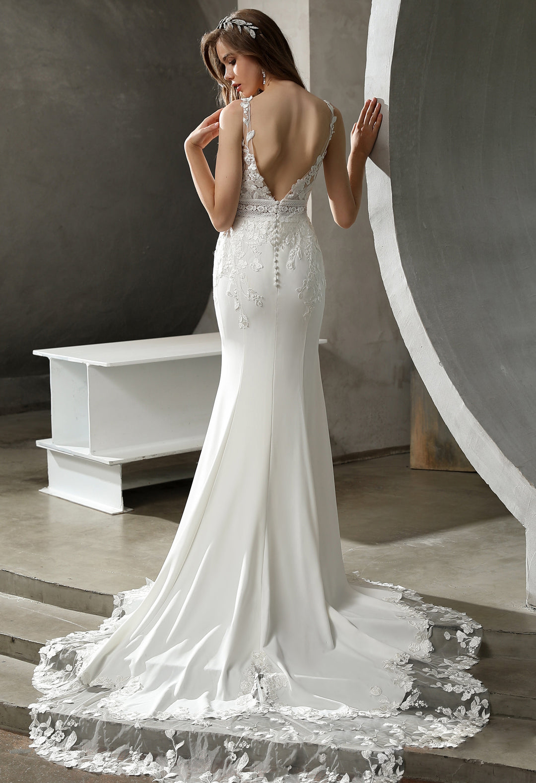 green emerald velvet dress Fit and Flare Wedding Dresses with Lace Train,Crepe Wedding Dresses Plunging Neck,WD00859, US22W / White main image 0