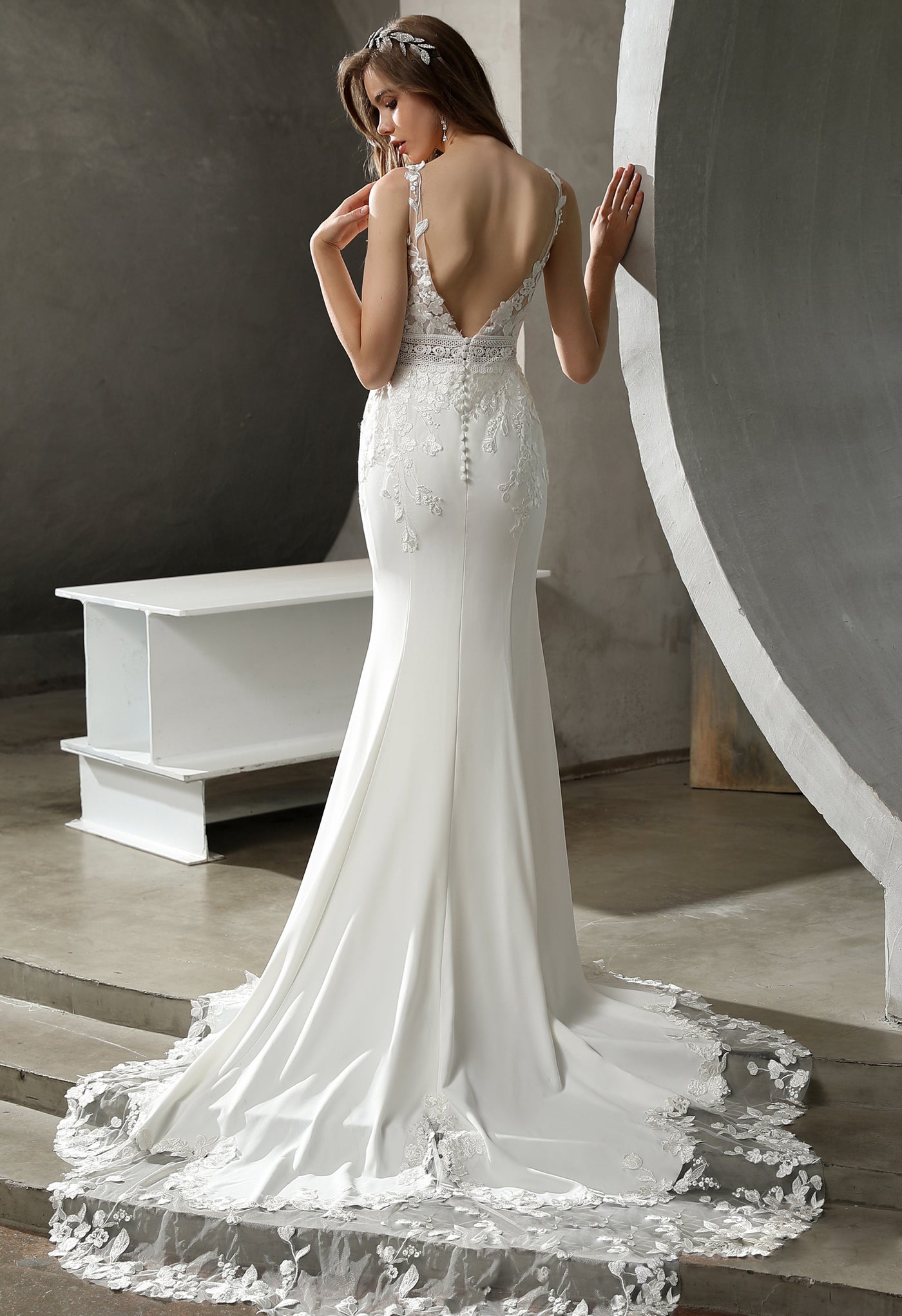 Crepe and Lace Fit and Flare Dress with Illusion Scalloped Train