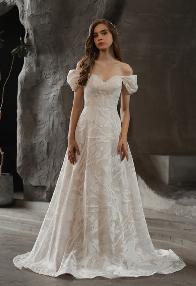 Allover Pattern A-Line Wedding Dress with Off the Shoulder Straps