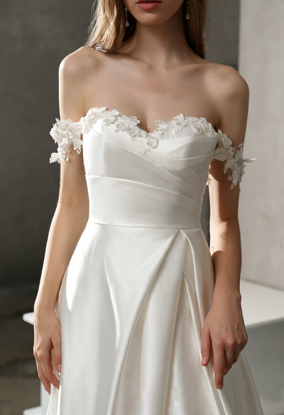 Satin Off-the-shoulder A-line Bridal Gown with Slit