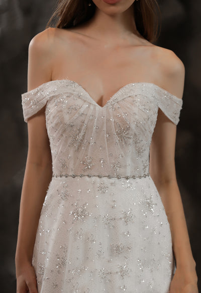 Sparkly Beaded A-Line Bridal Gown With Off the Shoulder Sweetheart Neckline