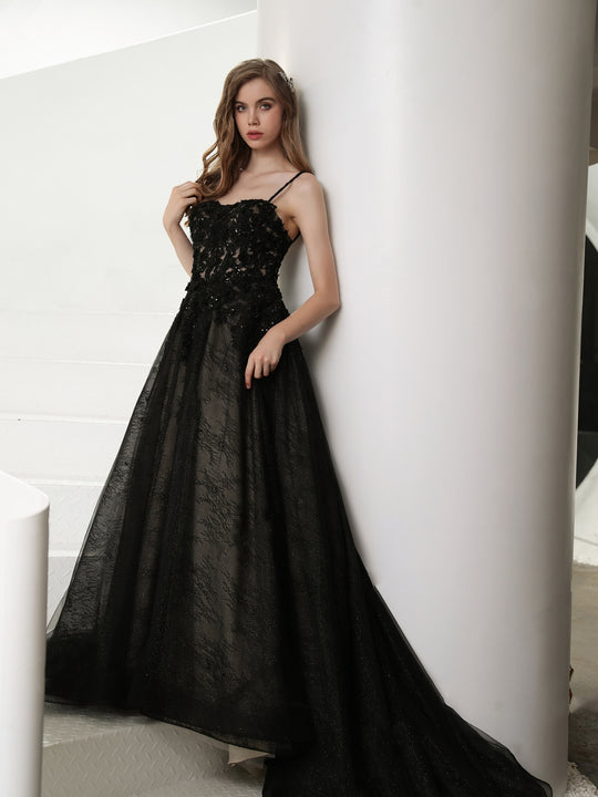 black illusion lace dress Black Illusion Lace Top Long Sleeves A Line Long Prom Dress, Black / L