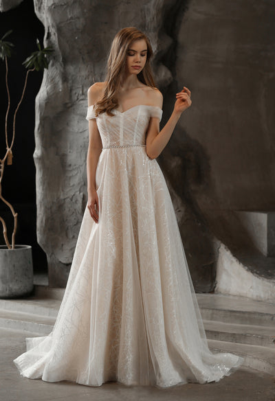 Shimmer Off-the-shoulder Neckline A-line Tulle Wedding Dress for sale at Bergamot Bridal, a bridal shop in London.