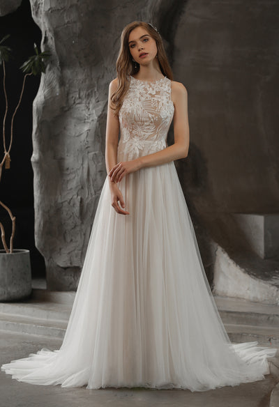 The bride is wearing a white Bergamot Bridal High Neck A-line Wedding Gown with Sequined Lace.