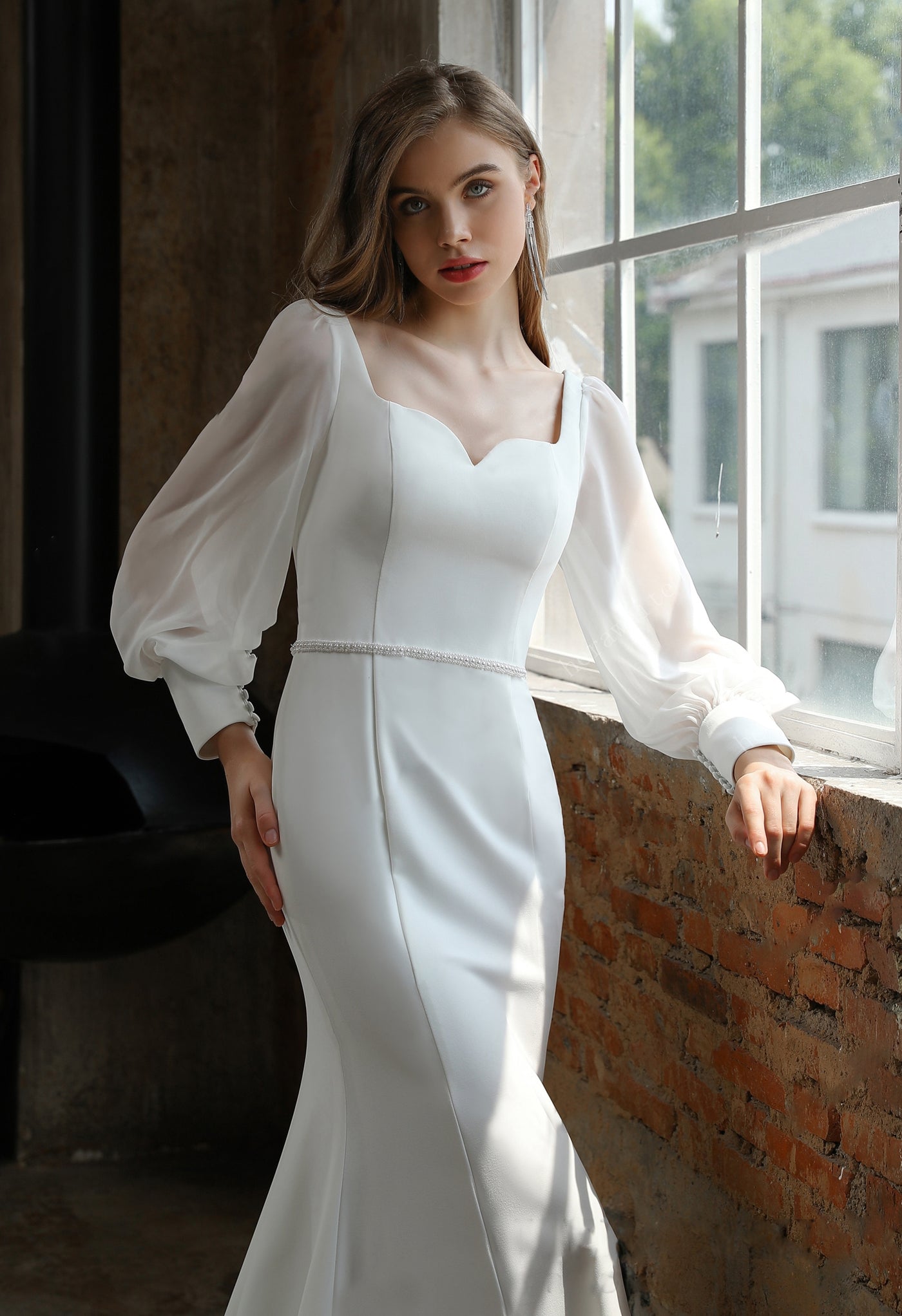 Classic Fit and Flare Wedding Gown with Bishop Chiffon Sleeves