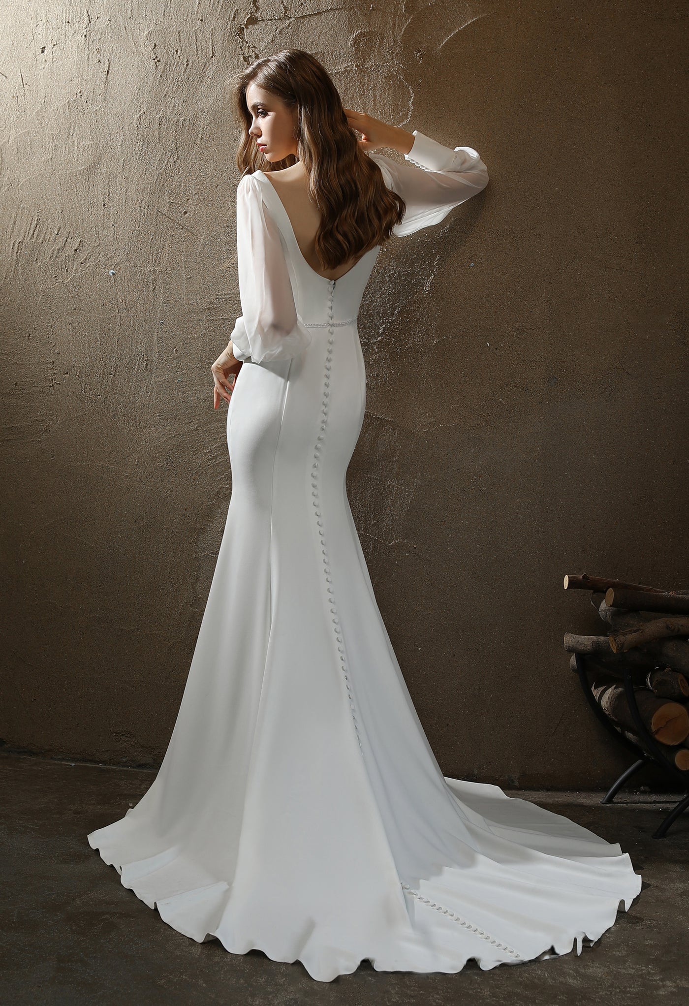 Classic Fit and Flare Wedding Gown with Bishop Chiffon Sleeves