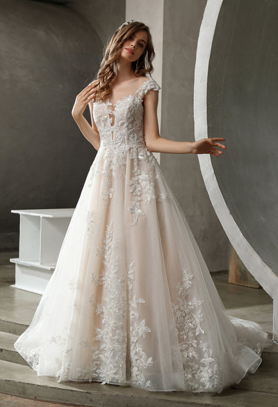 Plunging Illusion Neckline with Beaded Lace A-line Wedding Dress