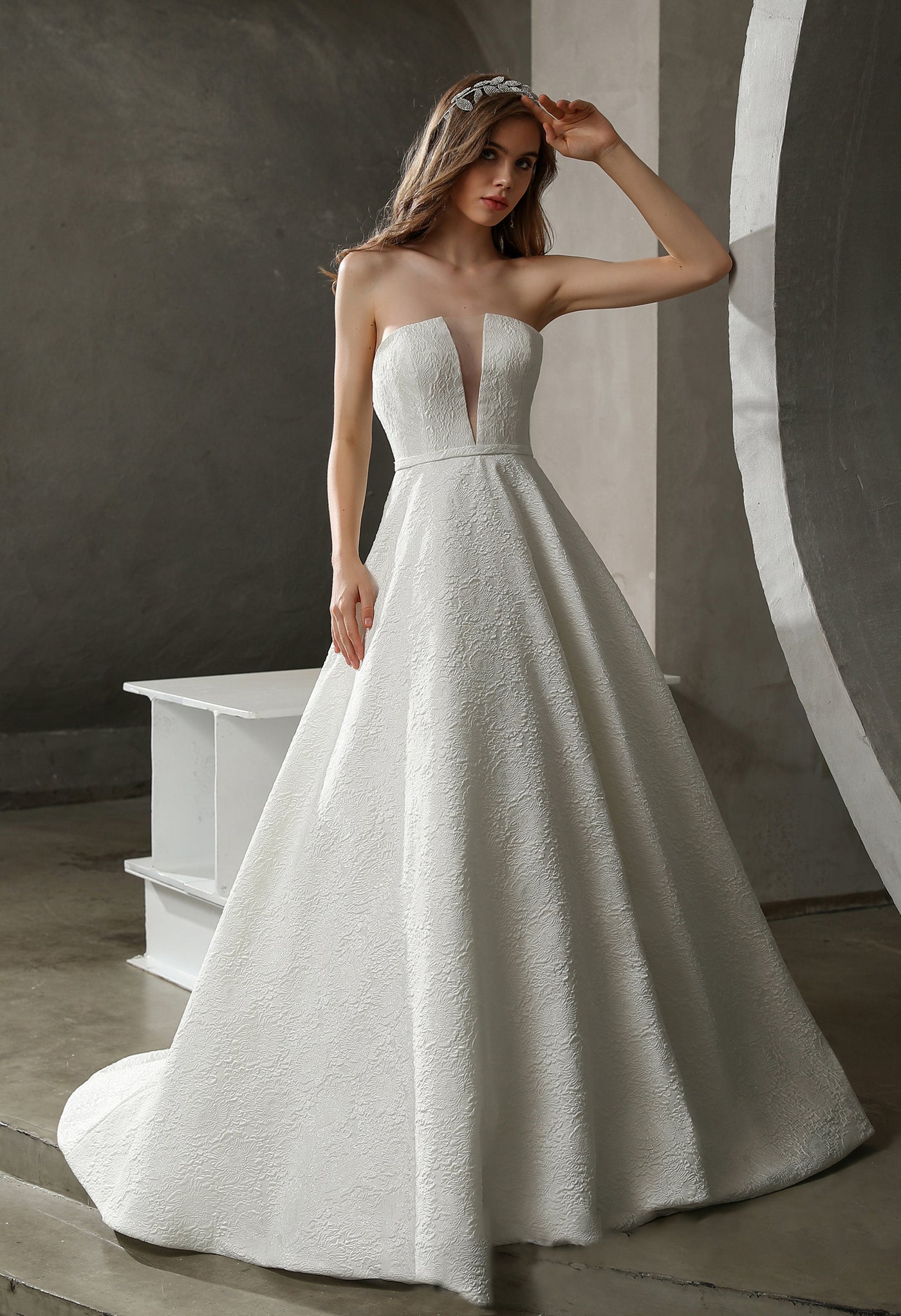 Strapless Ball Gown with Satin Jacquard and Detachable Puff Sleeves