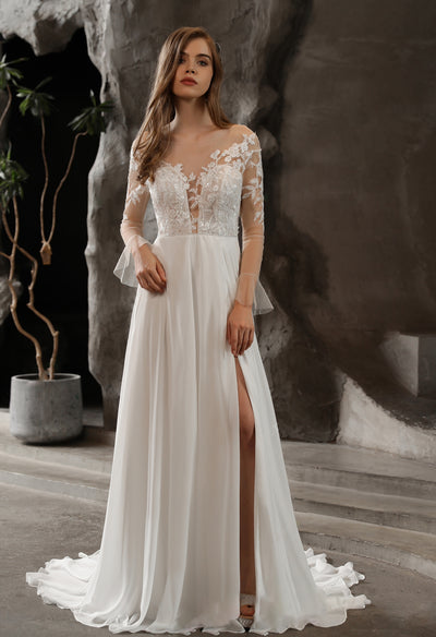 Long sleeve Chiffon Illusion Lace Bridal Dress with Dreamy A-line Skirt from Bergamot Bridal in London with a slit.