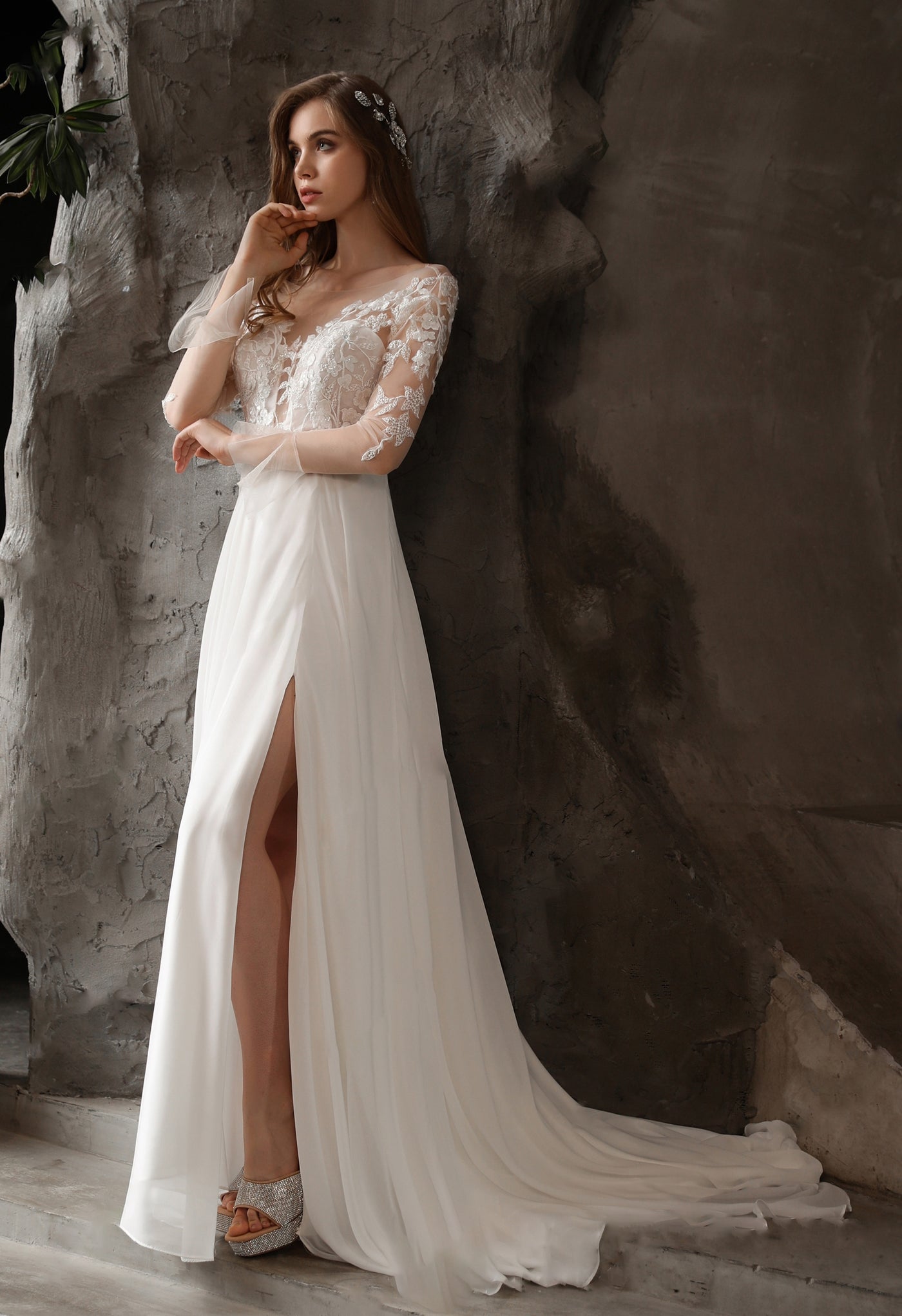 Chiffon Illusion Lace Bridal Dress with Dreamy A-line Skirt