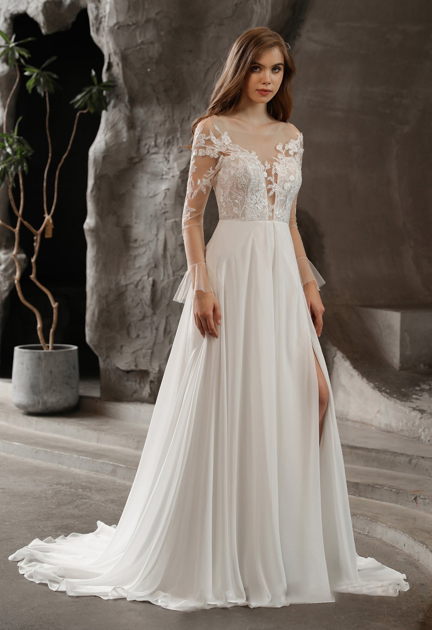 Chiffon Illusion Lace Bridal Dress with Dreamy A-line Skirt