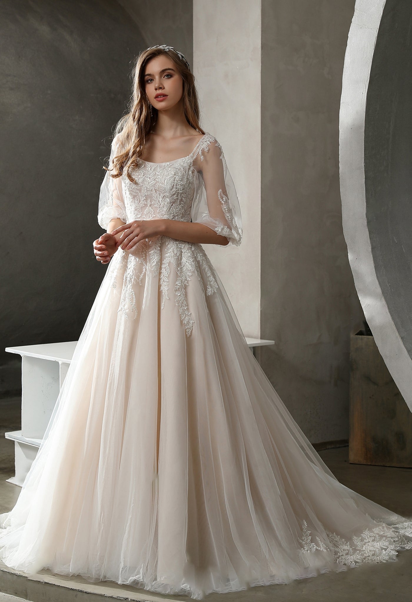 Beaded Lace A-line Wedding Gown with Scoop Neckline Off The Rack