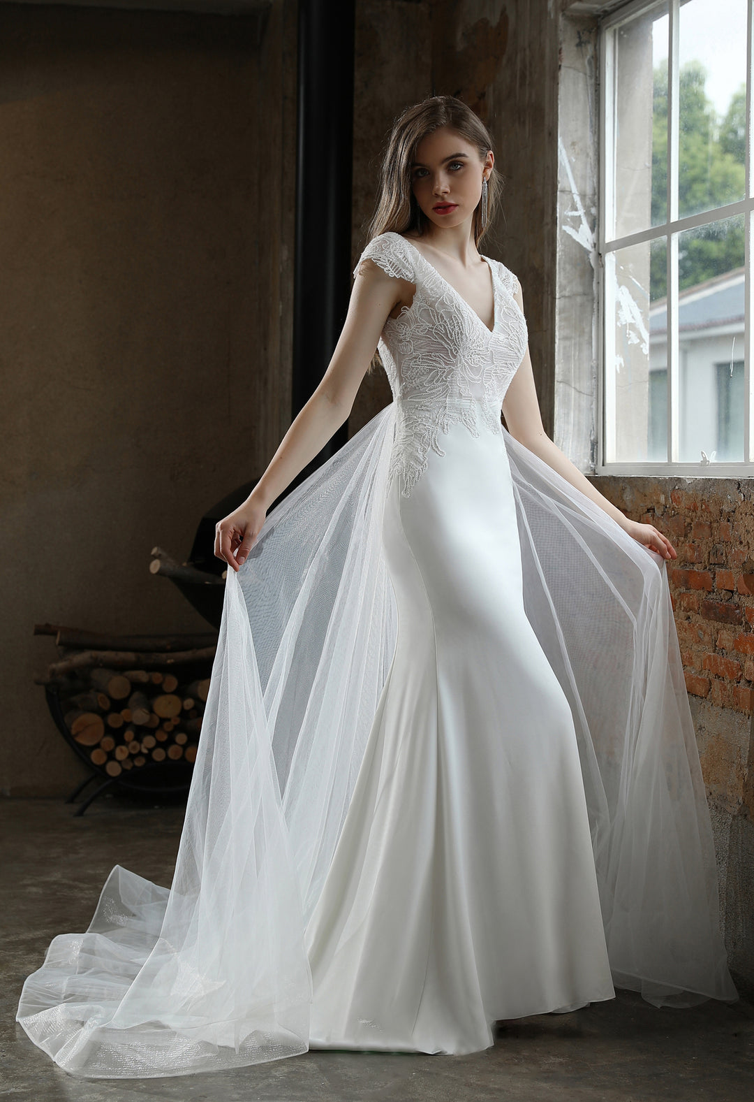 Crepe Sheath Wedding Dress with Lace Cap Sleeves with Detachable Train Bergamot Bridal