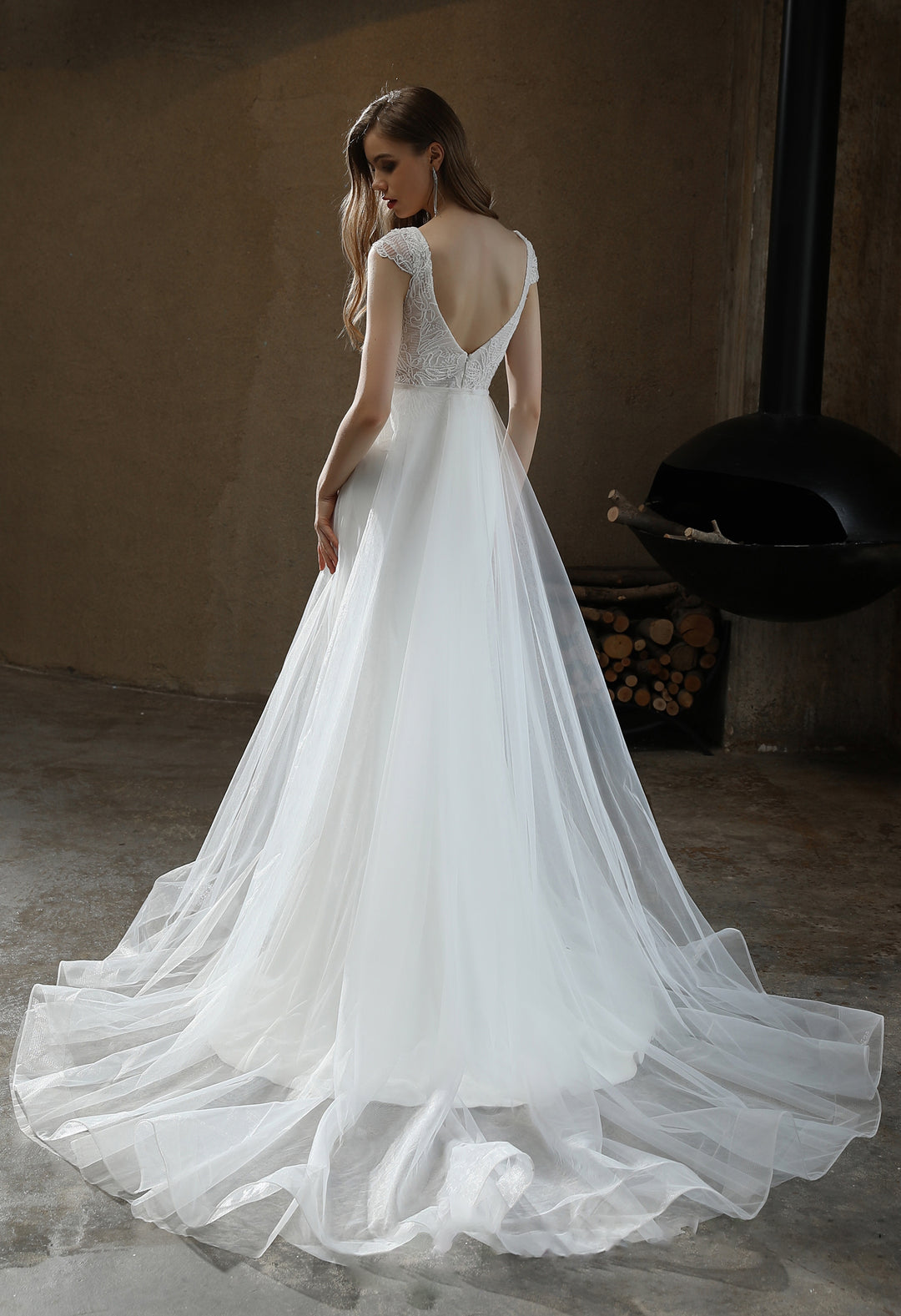 Crepe Sheath Wedding Dress with Lace Cap Sleeves with Detachable
