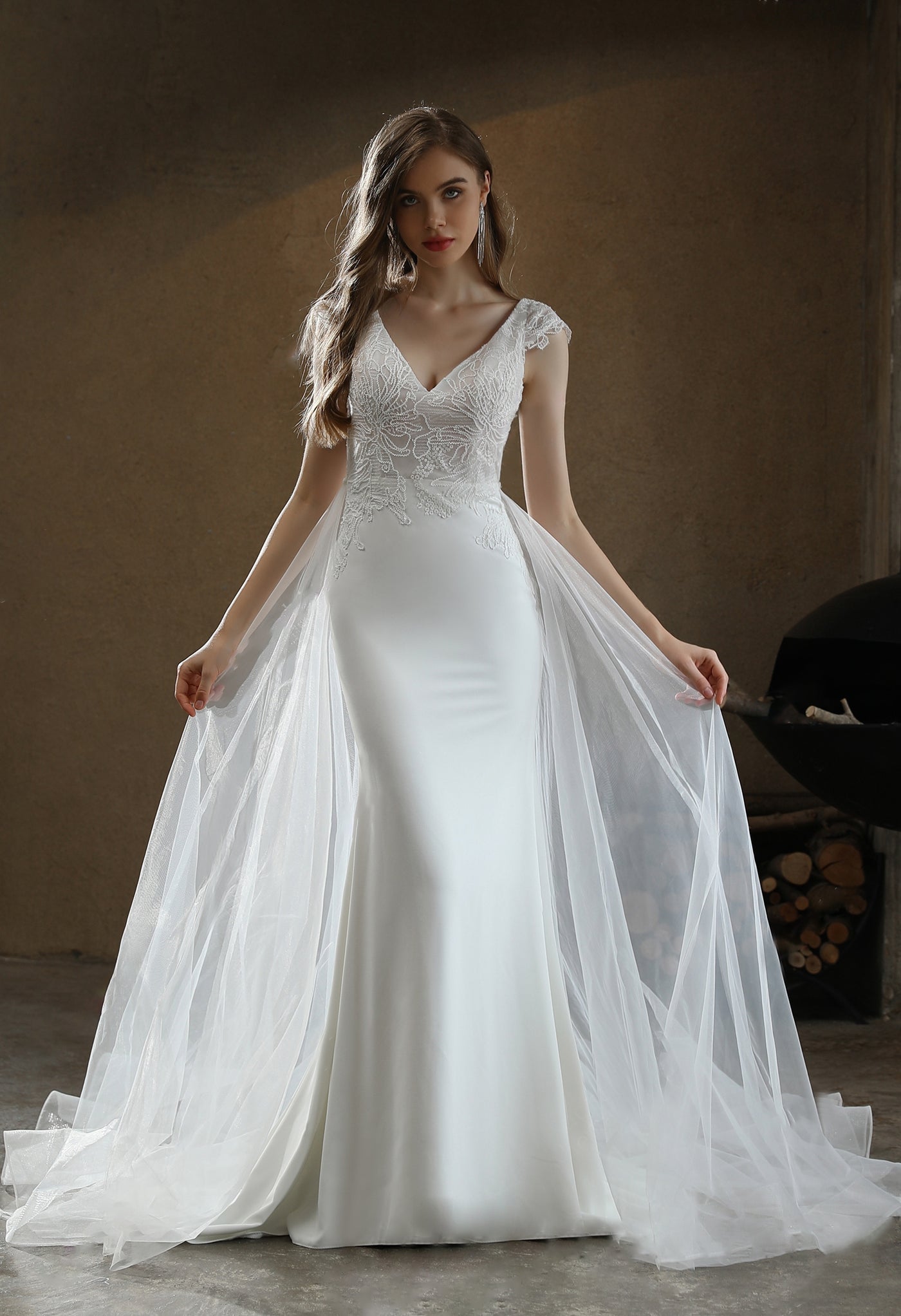 Crepe Sheath Wedding Dress with Lace Cap Sleeves with Detachable Train