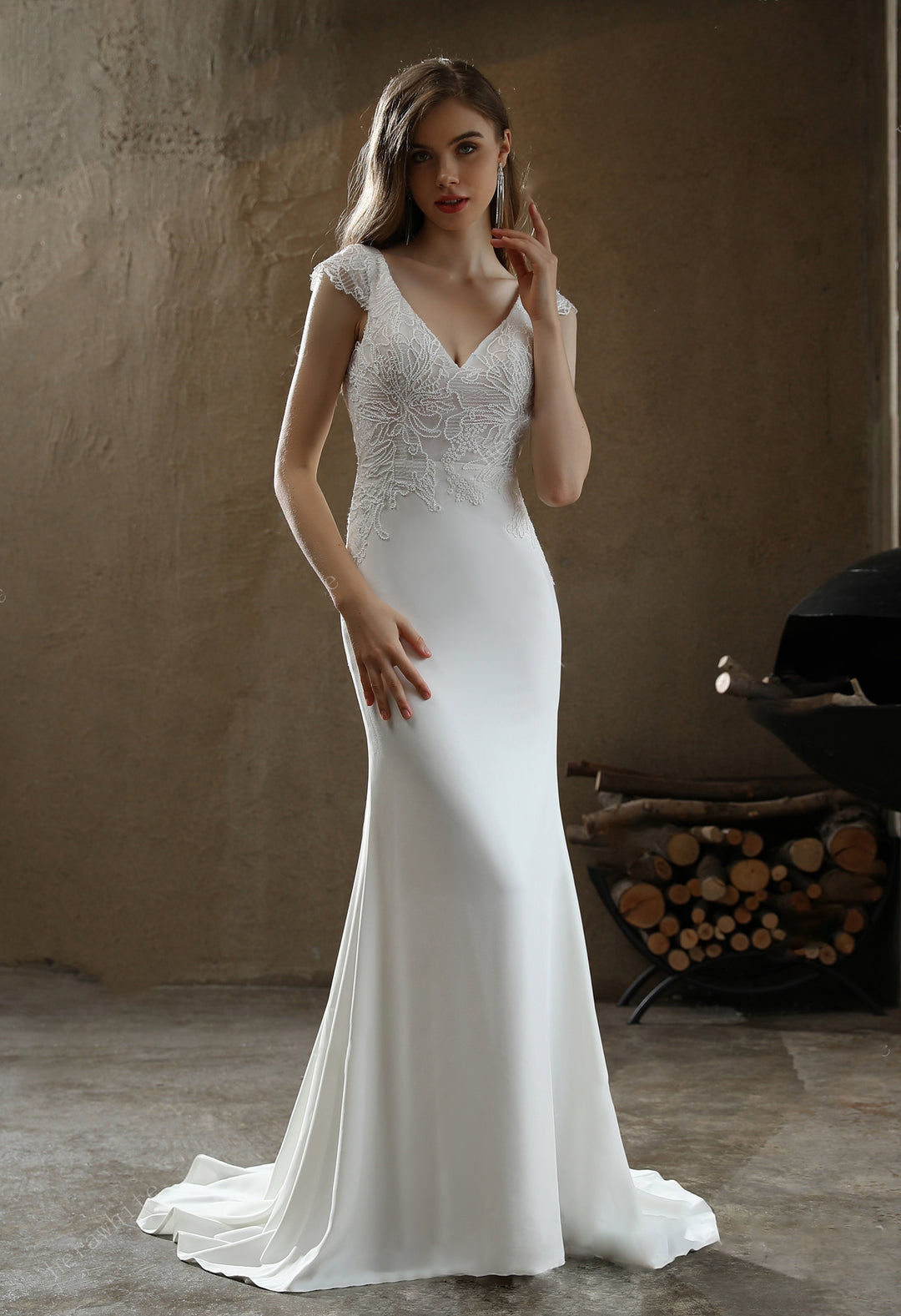 Crepe Sheath Wedding Dress with Lace Cap Sleeves with Detachable Train –  Bergamot Bridal
