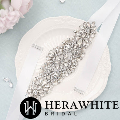The Glittering Rhinestones Pearl Bridal Sash available at Bergamot Bridal shops in London.
