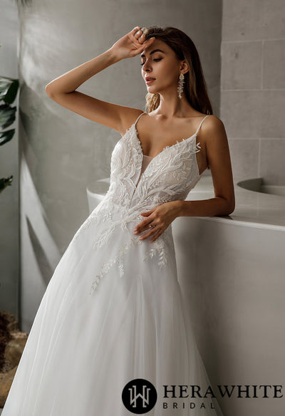 Beaded Strap V-Back Train A-Line Bridal Gown