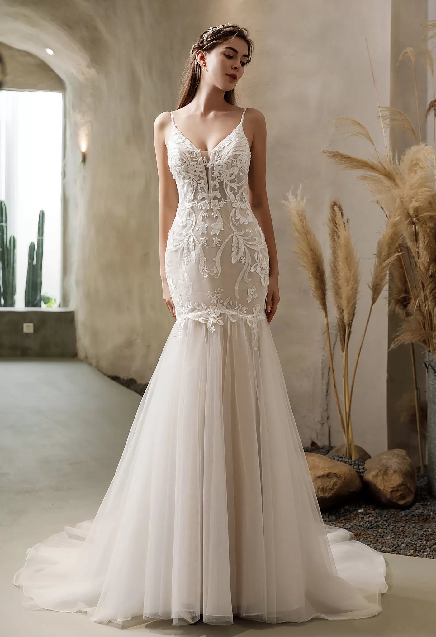 Lace Detachable Bell Sleeve Keyhole Back Mermaid Bridal Gown