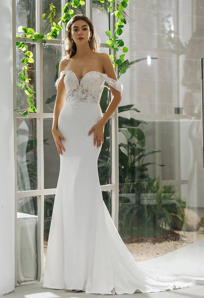 Crepe Detachable Off The Shoulder Lace Strap Fit And Flare Bridal Gown