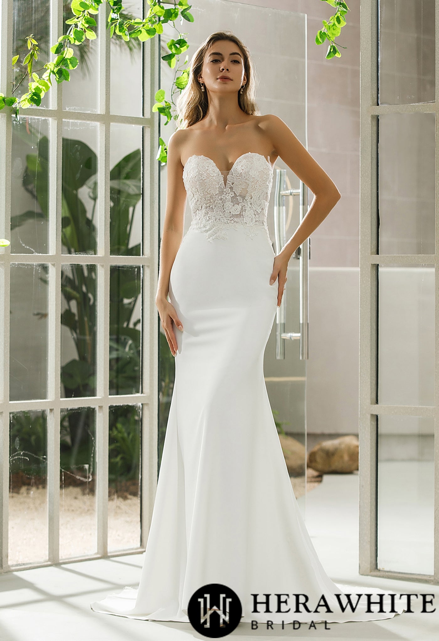 Crepe Detachable Off The Shoulder Lace Strap Fit And Flare Bridal Gown