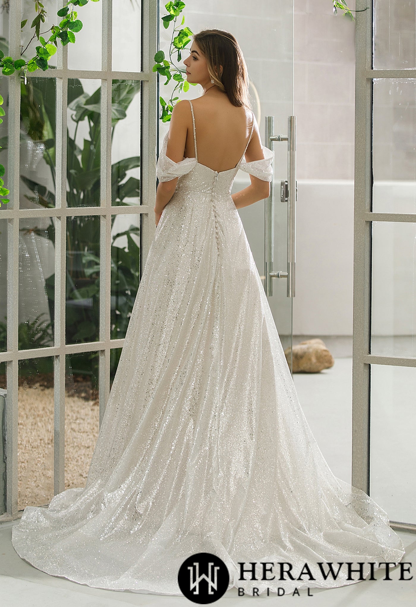 Sequinned Tulle Detachable Off The Shoulder Strap A-Line Bridal Gown