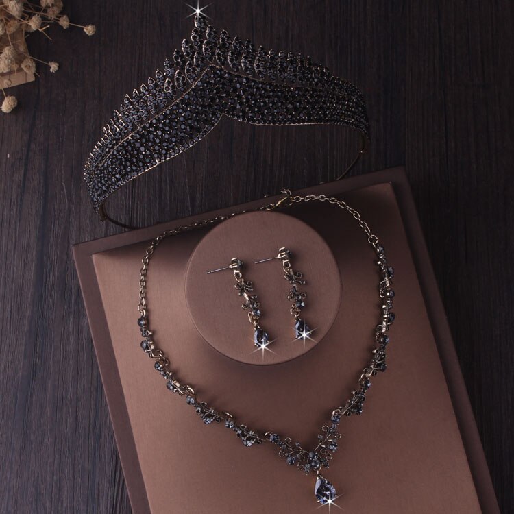 Baroque Style Black Crystal Bridal Jewelry Set Necklace, Earrings and Tiara