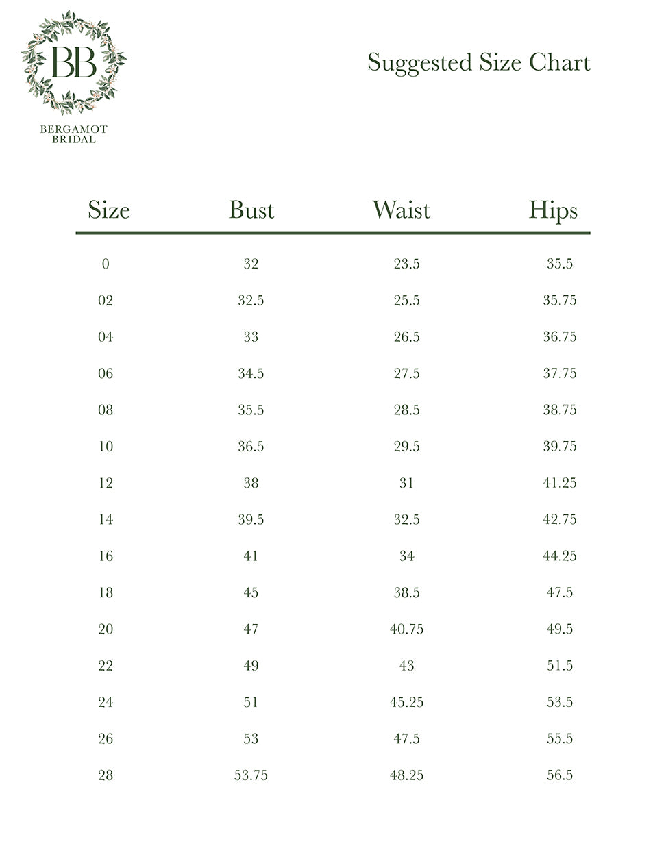 Bergamot Bridal's suggested size chart for women, detailing measurements for bust, waist, and hips across sizes 0 to 28, features options perfect for any style—whether you're dreaming of a lace embroidery dress or their stunning Crepe Sheath Wedding Dress with Lace Cap Sleeves and Detachable Train.