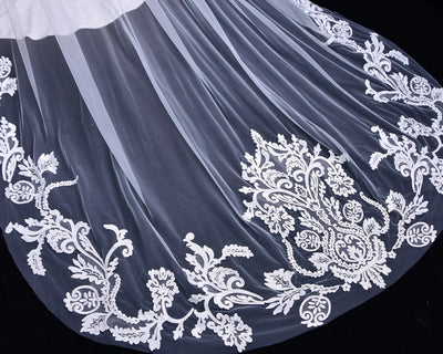 Embroidered Cathedral Veil with Lace Applique Motifs 118" Long
