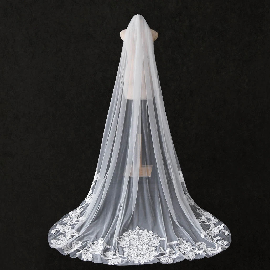 Embroidered Cathedral Veil with Lace Applique Motifs 118" Long