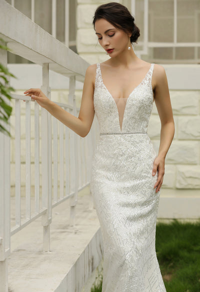 V-Neck Open Back Satin Sequinned Fit And Flare Bridal Gown