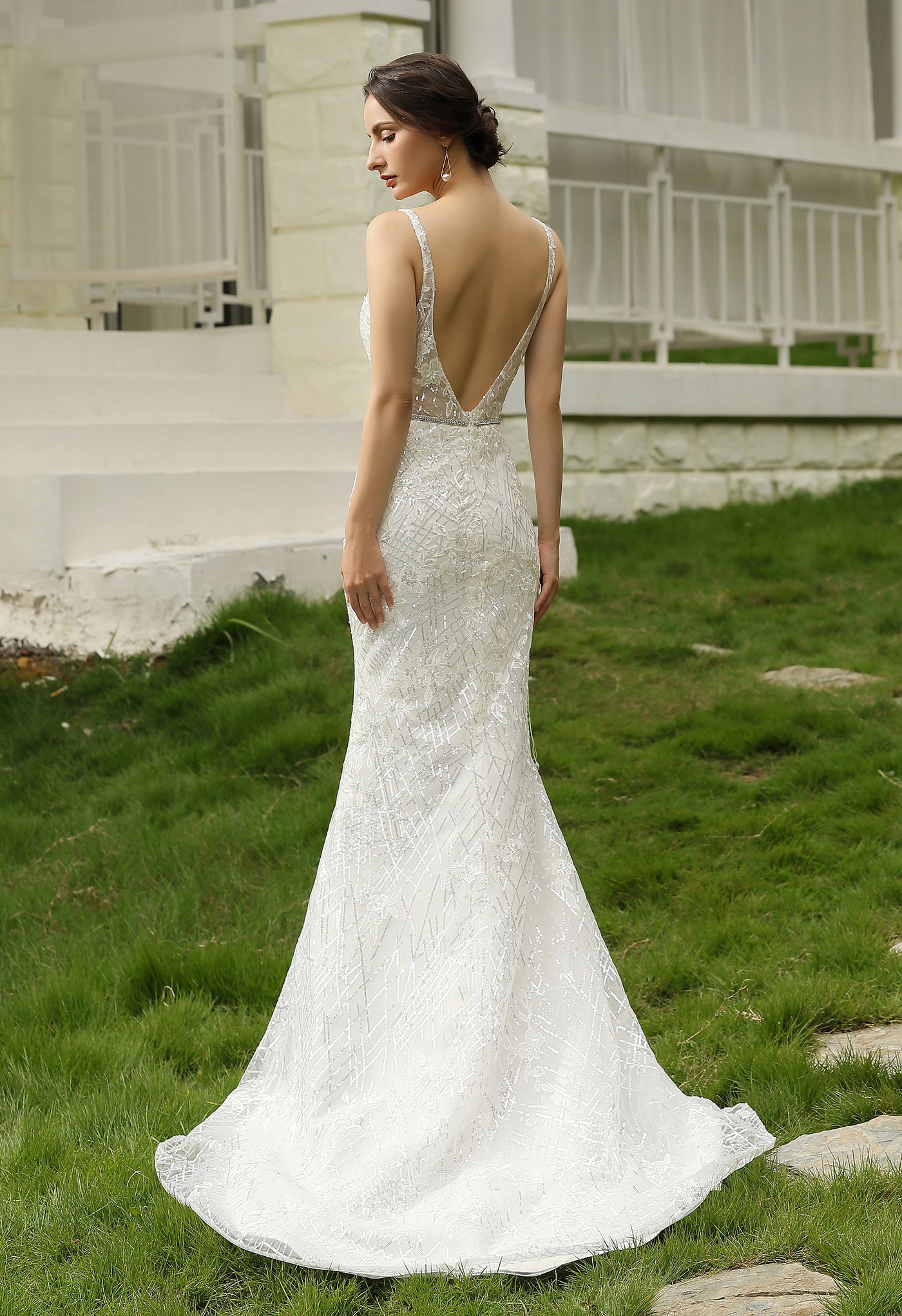 V-Neck Open Back Satin Sequinned Fit And Flare Bridal Gown