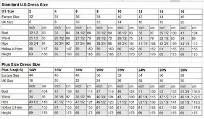 A dress size chart for men and Bergamot Bridal customers looking for the Bohemian Spaghetti Strap V-Back A-Line Ball Gown Bridal Gown - Off The Rack.