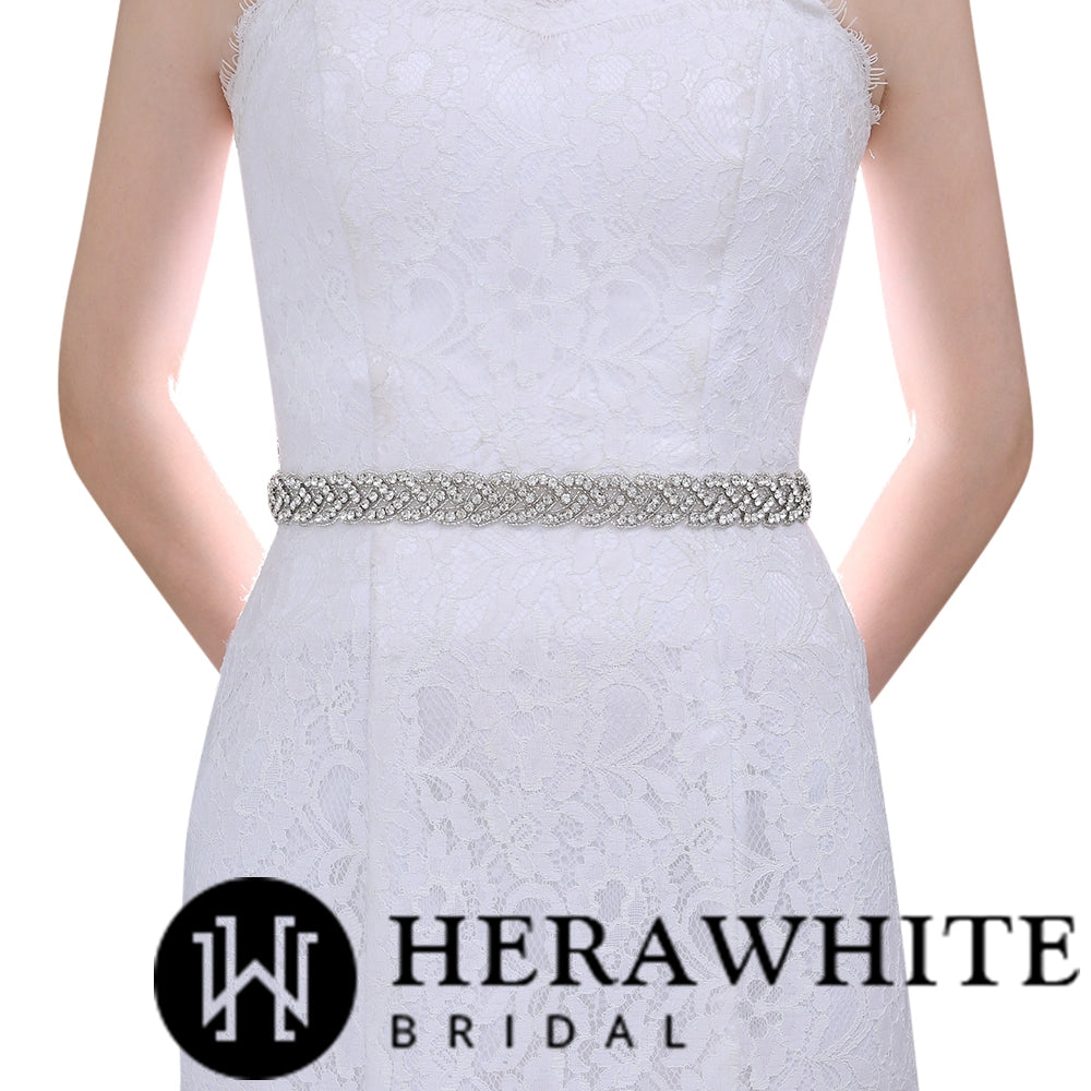 A woman wearing a white dress with a Sparkling Crystals Bridal Sash belt searched for bridal shops in London, Ontario. The brand she was looking for was Bergamot Bridal.