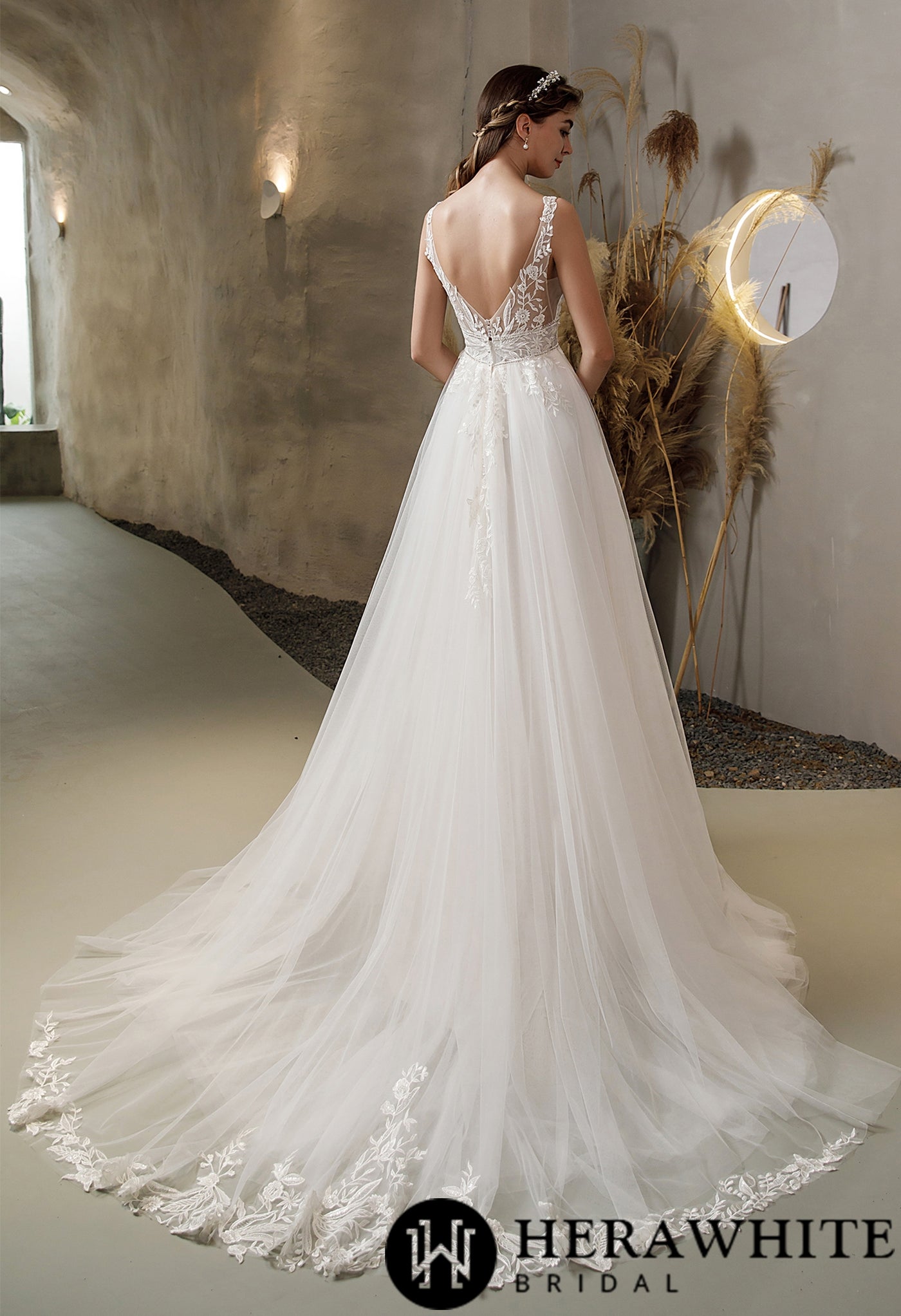 Sheer Side Illusion V-Neck A-Line Bridal Gown